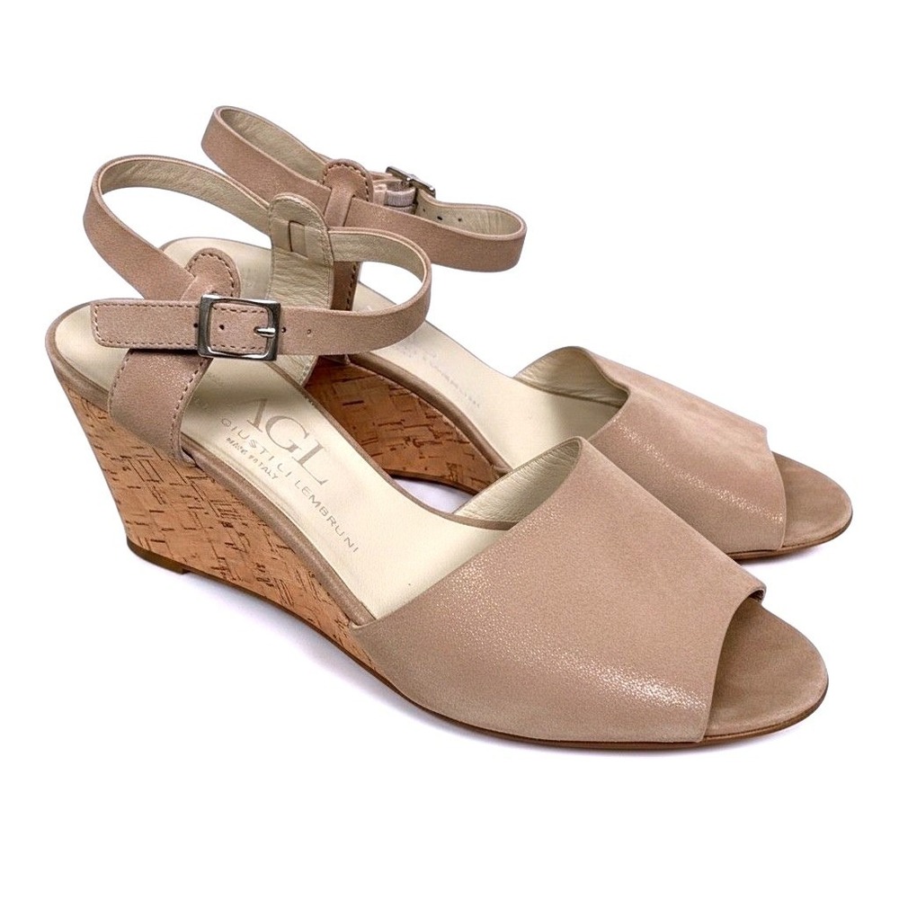 AGL Women Nude Shimmer Suede Cork Wedge Sandal 39 Attilio Giusti Leombruni Italy